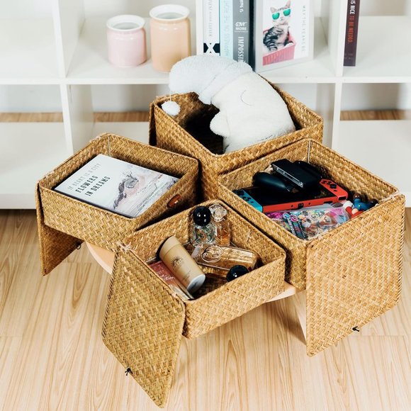 Brown Wicker Woven Storage 4 Seagrass Rattan Storage Containers Organizers - Picture 9 of 9